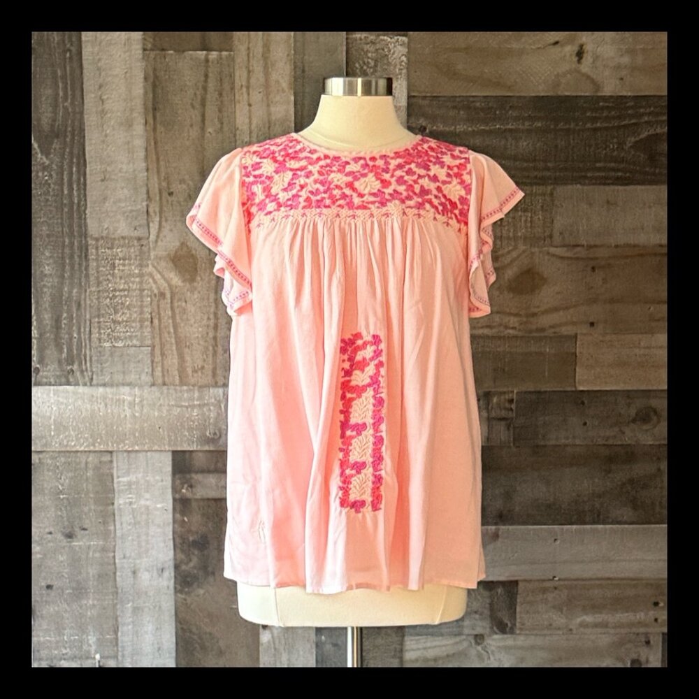 J.Marie pink embroidered peasant top medium festival boho fiesta resortwear